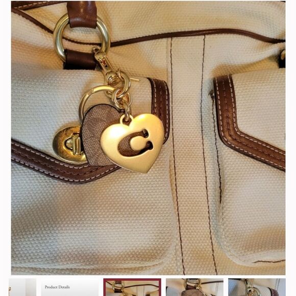 ️COACH SIGNATURE HEARTS KEYCHAIN bag charm khaki metal gold siganture c - Picture 2 of 6